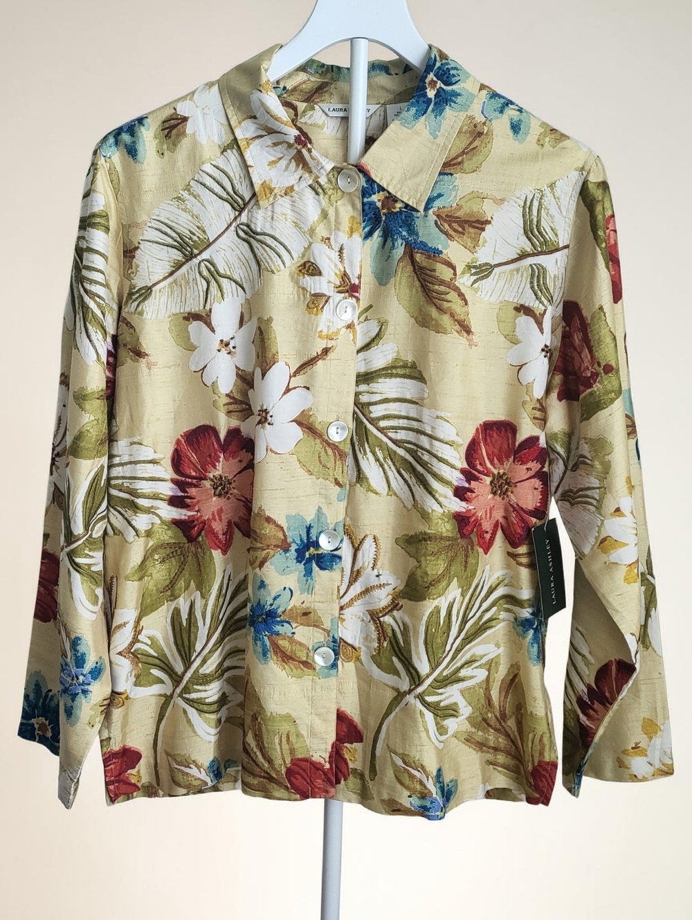Laura Ashley Silk Blouse Womens L Hand Beaded Embroidered Floral Artsy Boho